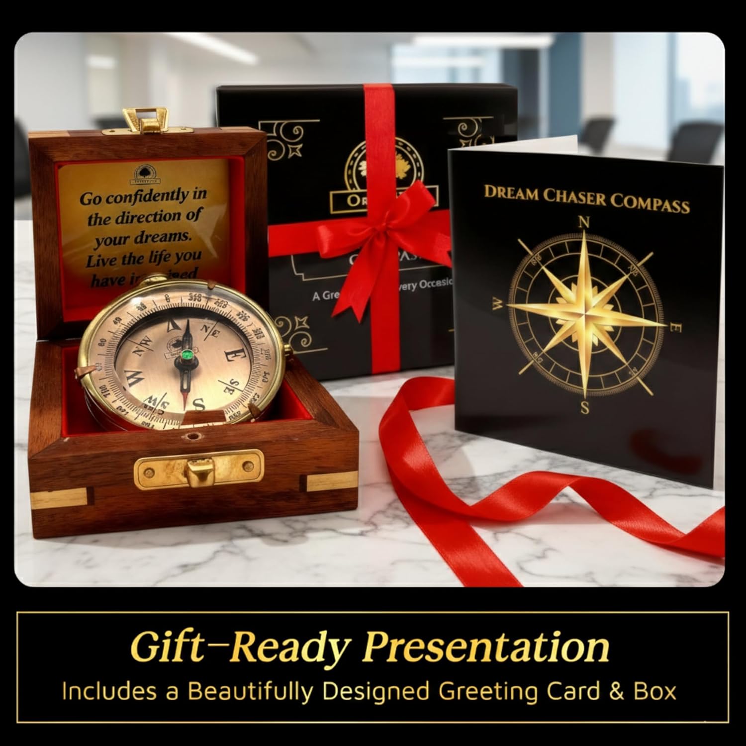 The Dream Chaser Compass, in Wooden Box - Go Confidently-2026 Graduation Gifts for Him, College, High School, Birthday Gift Idea for Son, Boys - Greeting Card Included, Motivational Present