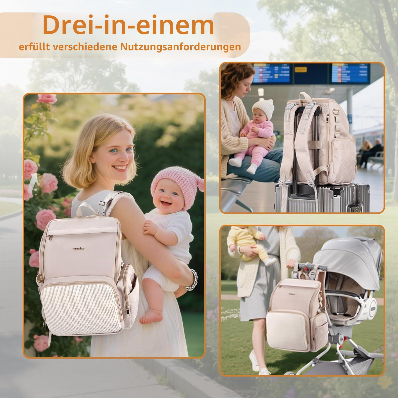 Stilvolle Baby Wickeltasche Großer Wickelrucksack mit Multifunktions – mit Wickelauflage, abnehmbarem Schnullerhalter, Kinderwagengurten - für Mama und Papa