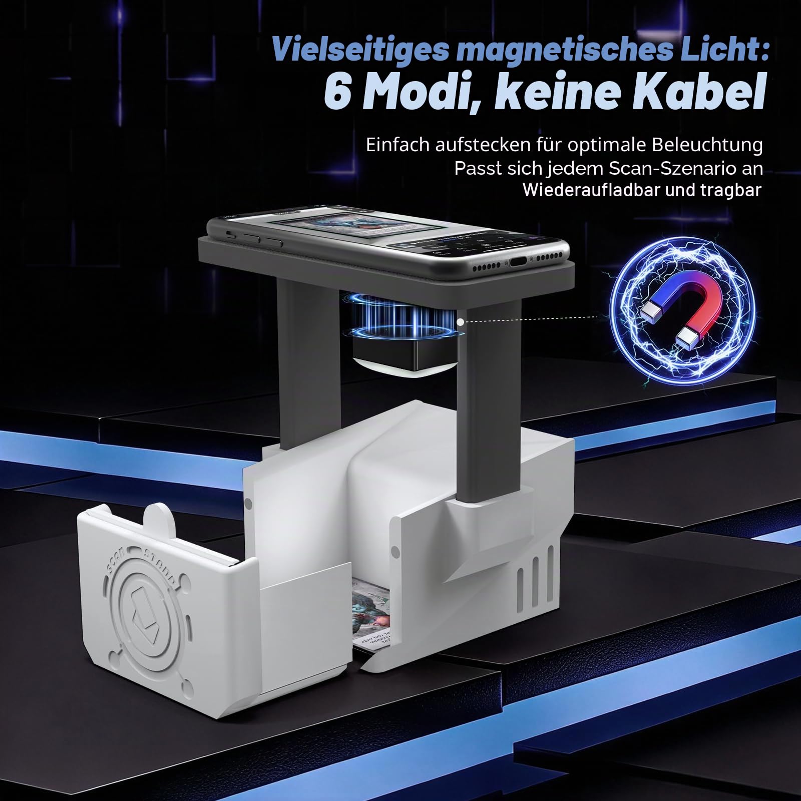 Card Scanner Pro Max - Card Scanner Ständer für MTG & TCG, Scan Sleeved & Unsleeved Sammelkarten, Telefonhalter mit wiederaufladbarem magnetischem Fülllicht, 3 Modi 6 Stufen, MTG Card Scanner Ständer