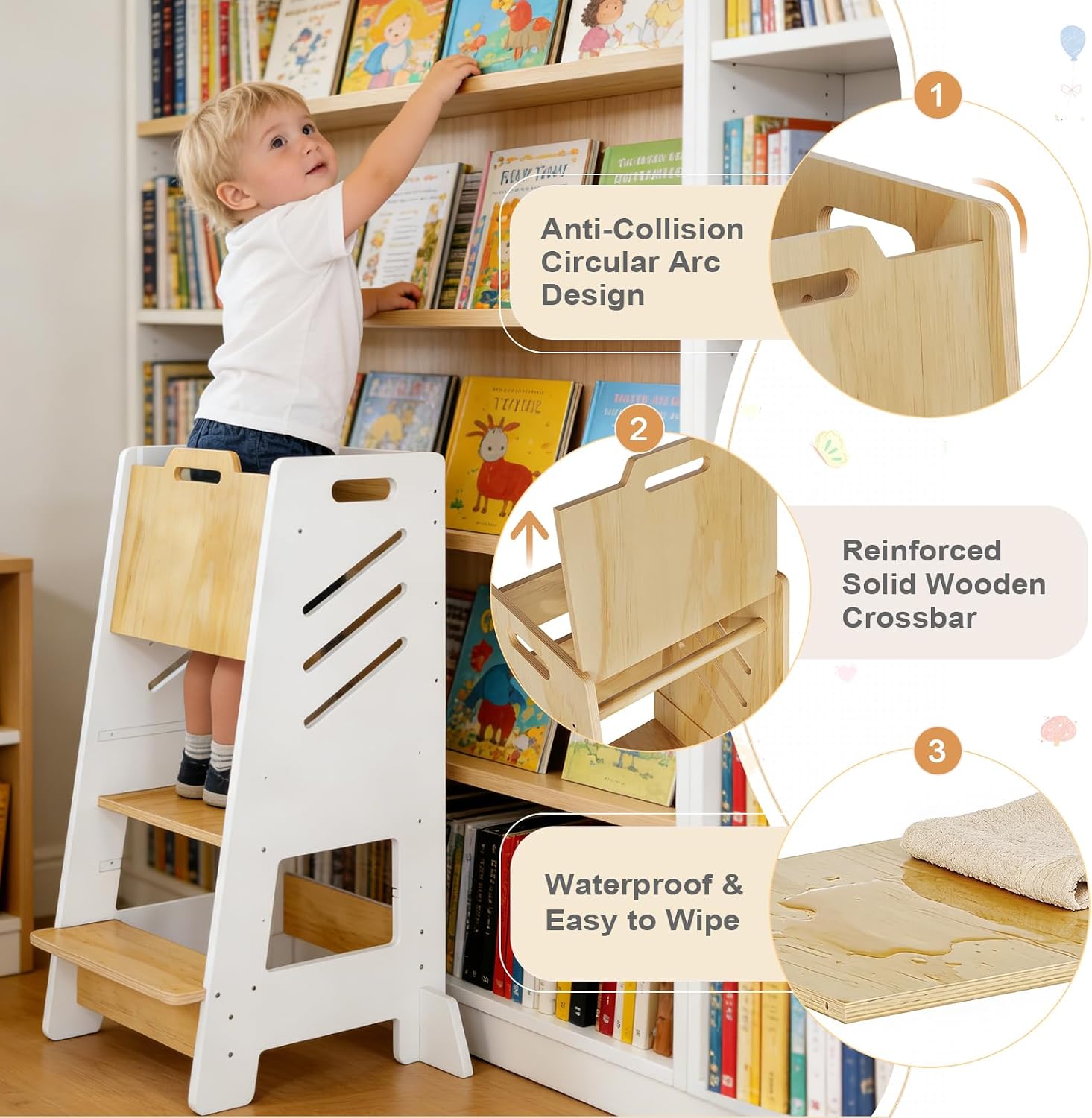 Toddler Tower, Toddler Step Stool Helper for Kitchen (White) | 3-level Adjustable Montessori Toddlers Tower for 18 Months-6 years, Standing Tower for Bathroom Sink,Great Gifts for Kids