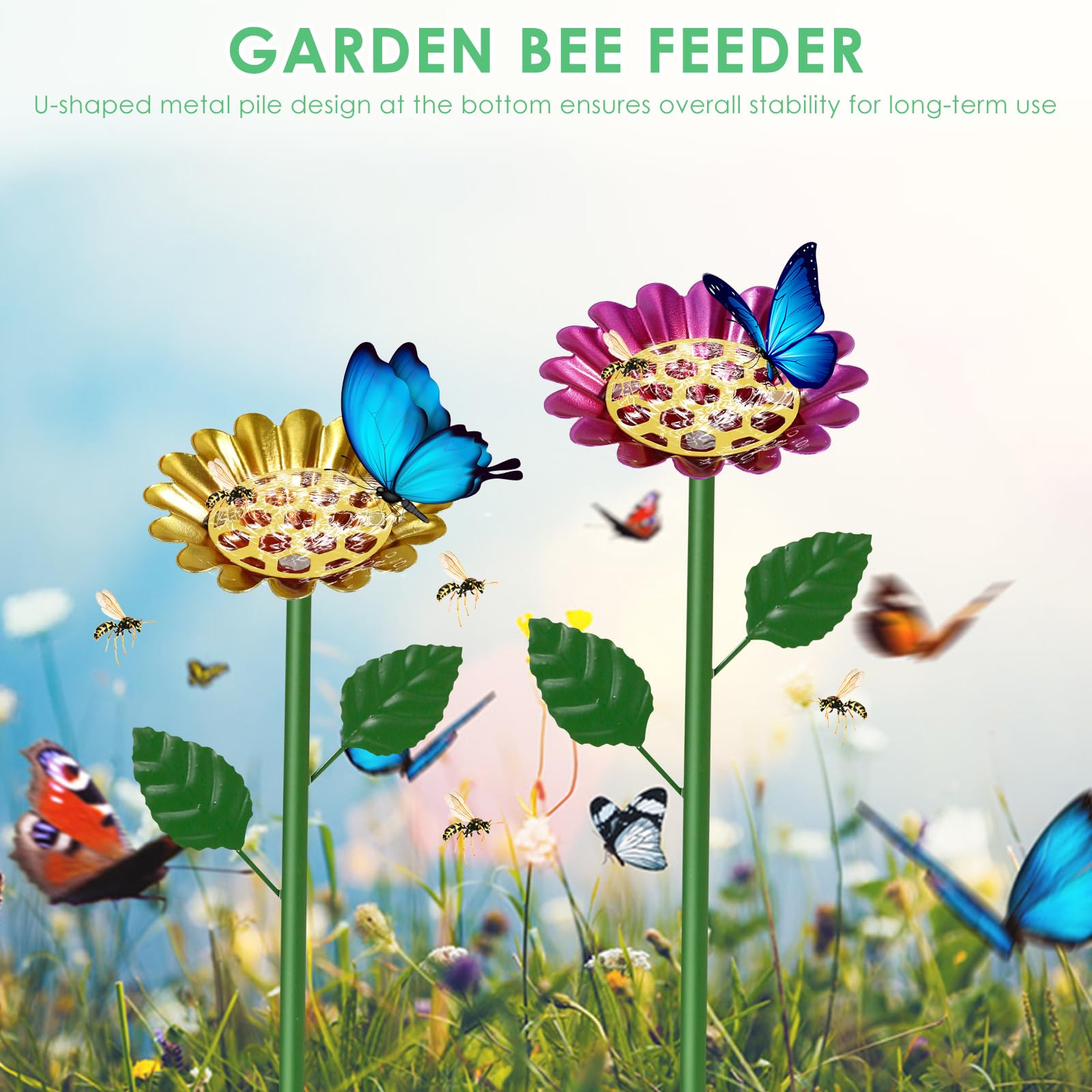 Lot de 4 abreuvoirs à insectes debout de 65 cm avec disques en nid d'abeille pour jardin, diamètre 8 cm, avec prise de terre en métal, abreuvoir d'abeilles, jardin, ferme, bain de papillons