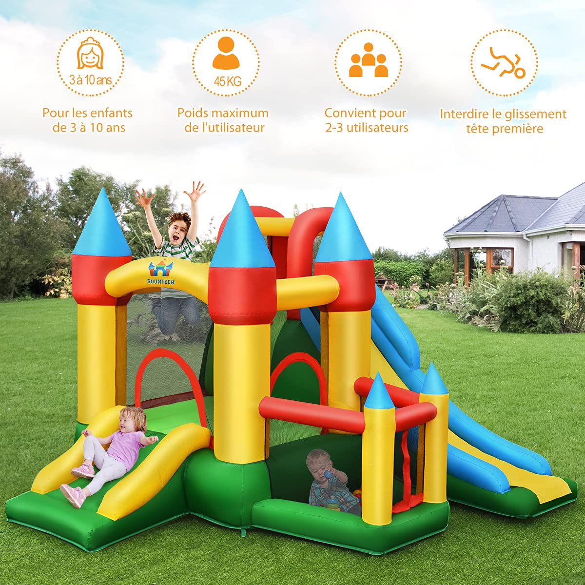 COSTWAY Château Gonflable avec 2 Toboggans et Souffleur, Aire de Jeux Gonflable avec Maison de Saut et Piscine à Balles, Panier de Basket, 60 Balles, Charge 135kg pour Enfant de 3-10 Ans