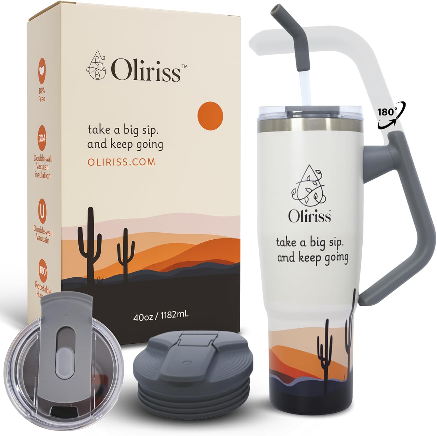 Tumbler with Handle – 40oz Arizona Stainless Steel Tumbler with Straw –Travel Cup with 180-degree Rotating Handle – Double Wall Vacuum Insulated Water Bottle for Hot and Cold Drinks