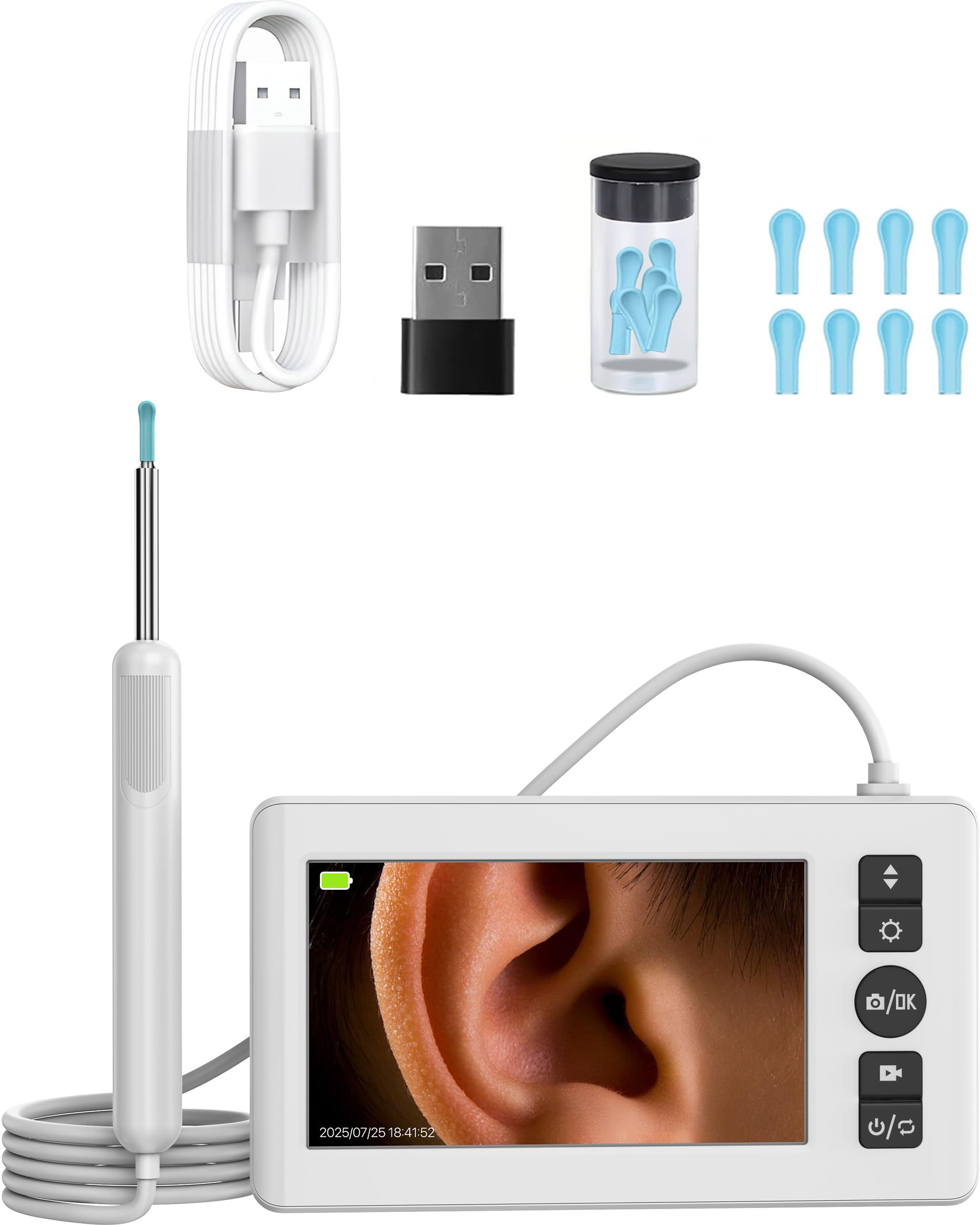 DR VAKU® ENTSIGHT Plus Digital Otoscope Smart Ear Cleaner Inspection Kit with Wired Display Screen HD Camera 6 LED Lights for Nose, Throat, Dental, Skin Video Recording Monitor + 9 Silicone Tips Free- White