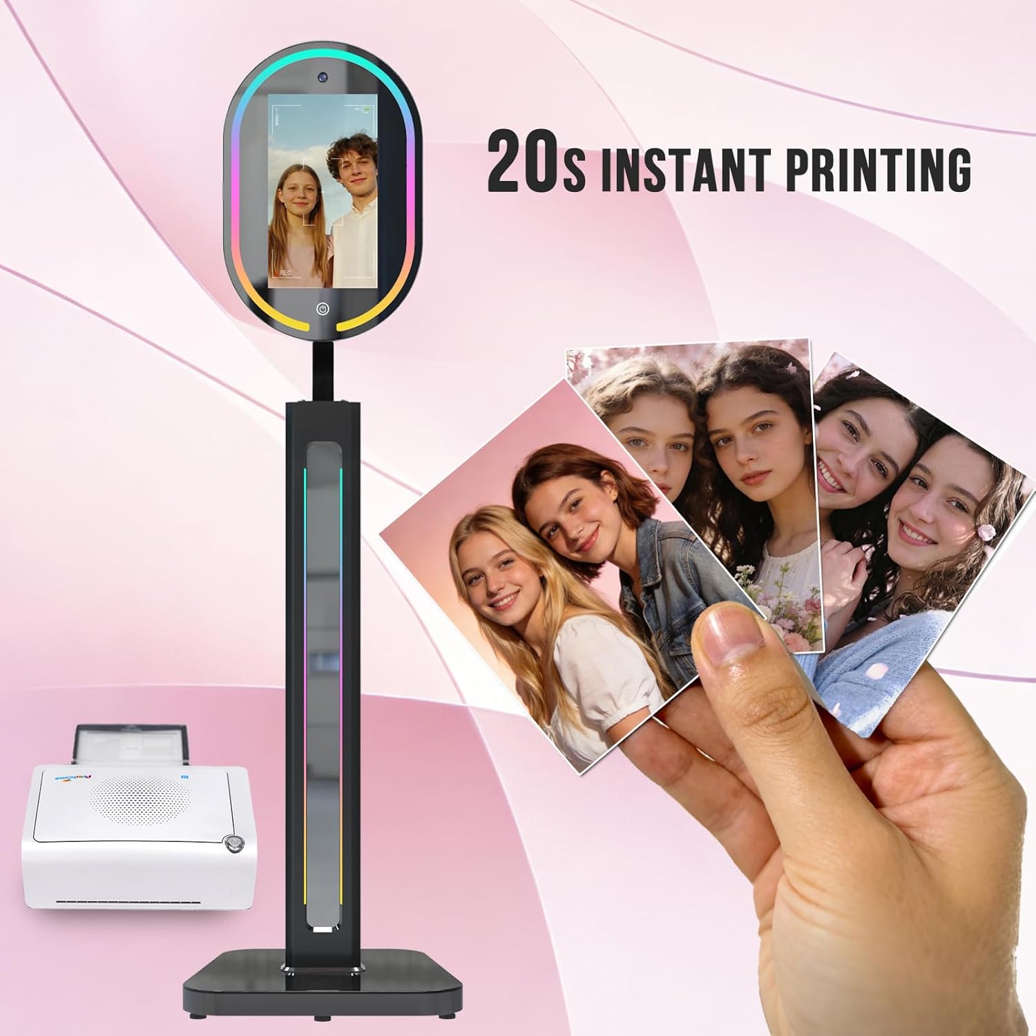 Magic Mirror Photo Booth 16'' Touch Screen, 4K 1200W HD Camera with Printer, RGB Surround Light Music Sync, Mirror Video Booth with APP Control