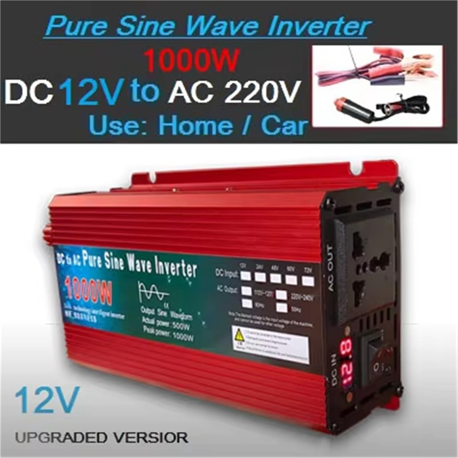 Falownik solarny, falownik sinusoidalny, przetwornica DC 12 V/24 V na AC 110 V 60 Hz, 1000 W, 1600 W, 2000 W, 3000 W, przenośny powerbank, konwerter, ładowarka samochodowa (1000 W