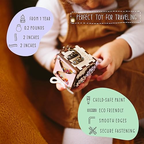 Miniatura 2 de BrainUpToys Cubo de actividades ocupadas para viajes, niños pequeños, niños y bebés, tablero ocupado, juguete clasificador de madera, juguete