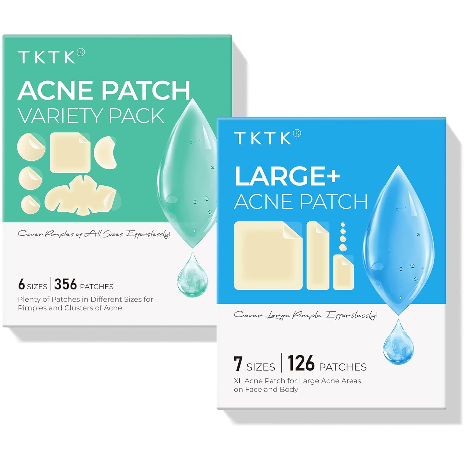 TKTK Large Pimple Patches for Face 8 Sizes Hydrocolloid Acne Patch Variety Large Acne Stickers for Cheeks Forehead