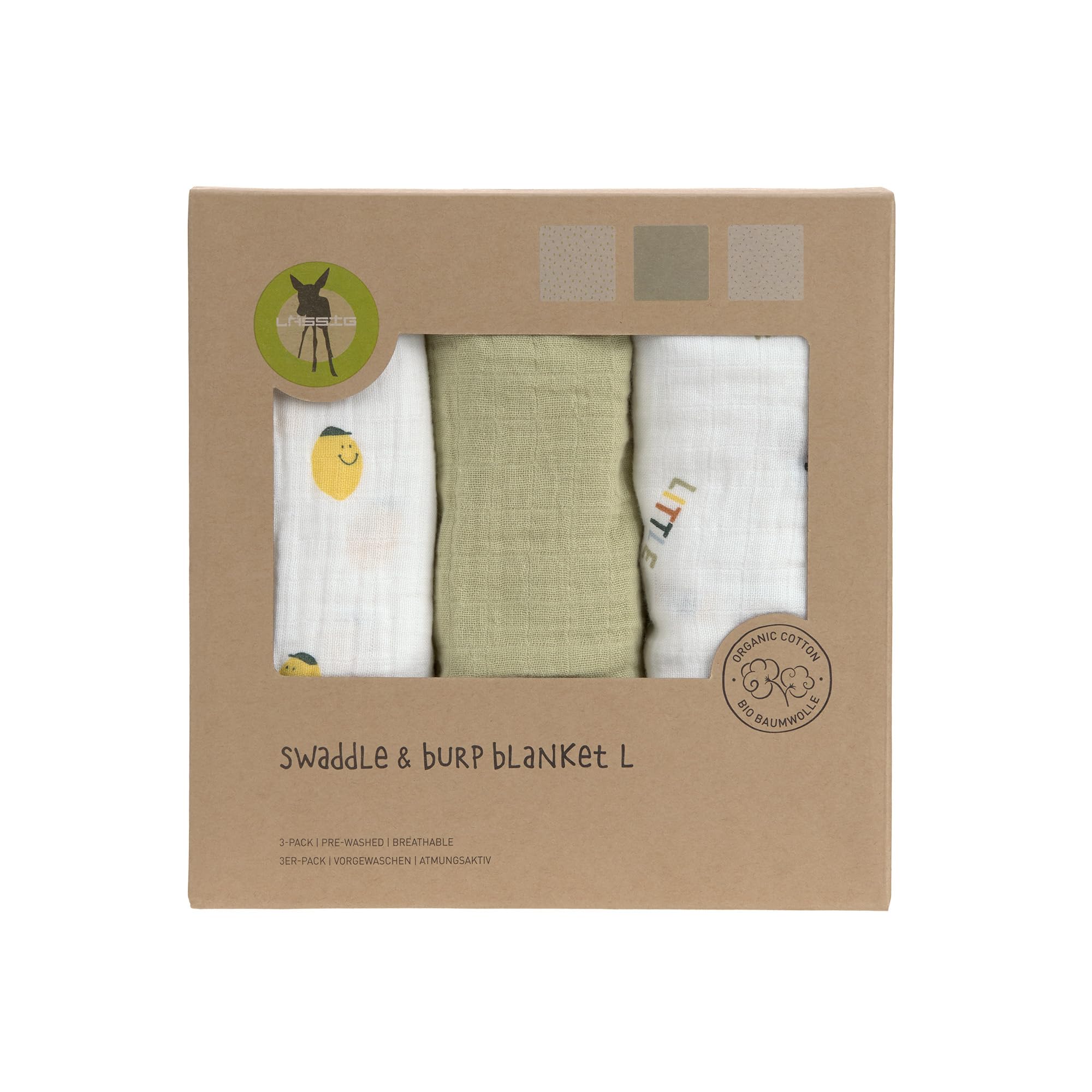 LÄSSIG Baby Puckdecke Spuckdecke Pucktuch Mulltuch 3er Set Baumwolle 85 x 85 cm/Swaddle & Burp Blanket L Happy Fruits Lemon