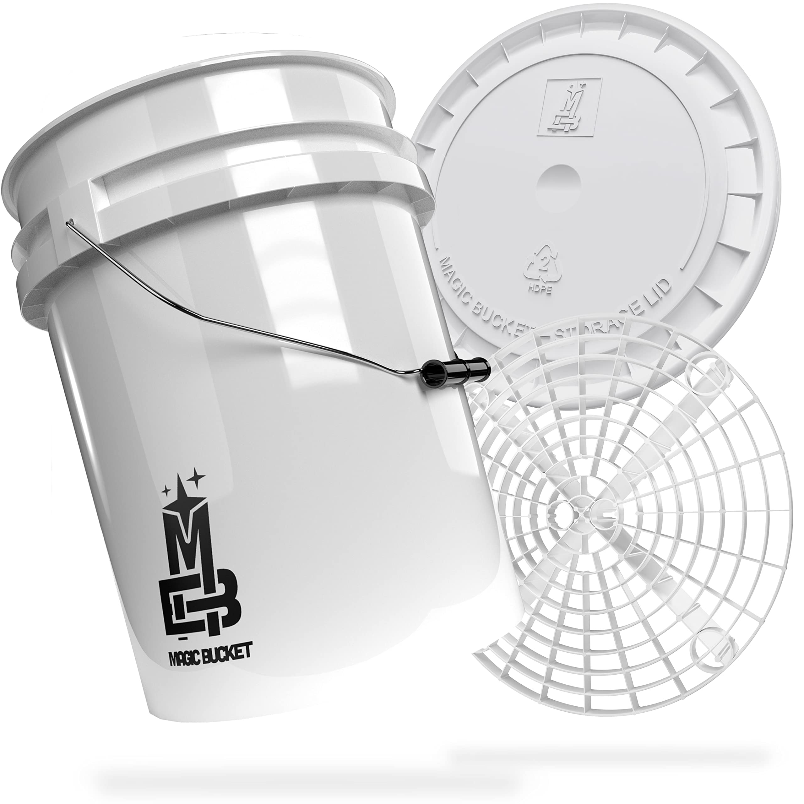 MAGIC BUCKET Car Hand Wash Bundle | Wash Bucket with Matching Bucket Lid 5 US Gallons Approx. 20 Litres | With Grit Guard Bucket Insert Dirt Strainer | Washing Set White