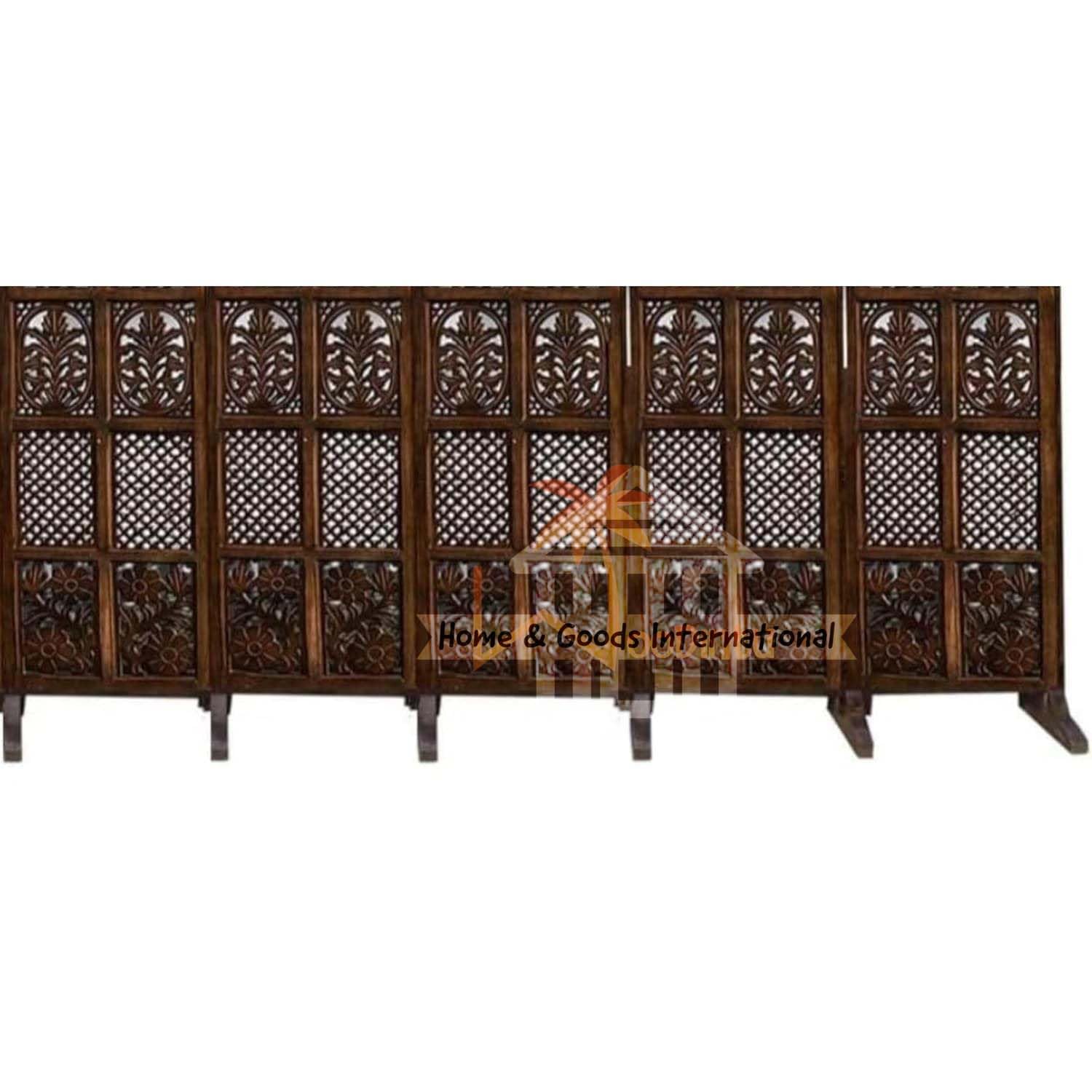 Wooden Room Divider | Privacy Screen for Studio, Living Room, Office, Pooja | Hand-Carved Floral Partition for Home, Office, Salon | Mixed Design, Brown, 4 Feet (5 Panel with Stand)-image-31