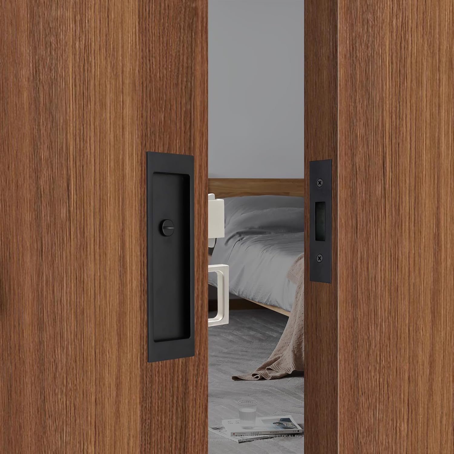 Rectangular Pocket Door Mortise Lock and Edge Pull, Narrow Modern Sliding Door Pop-Up Handle, (Bed/Bath) Pull Latch, Recessed Hardware for 1 3/8” to 2 3/16” Thickness (Privacy Lock, Matte Black)