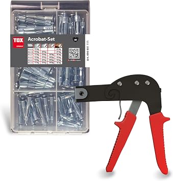 TOX -Plug Assortment Acrobat Set 60 Pieces + Mounting Pliers Acrobat Speed Plus for All Sizes, Metal Hollow Plug Acrobat in 6 Sizes with Screw + Pliers, for Plasterboard, 094909140