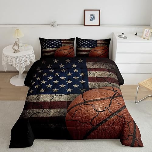 Erosebridal Juego de edredón de bandera estadounidense para niños, juego de ropa de cama de baloncesto tamaño individual, juegos deportivos retro,