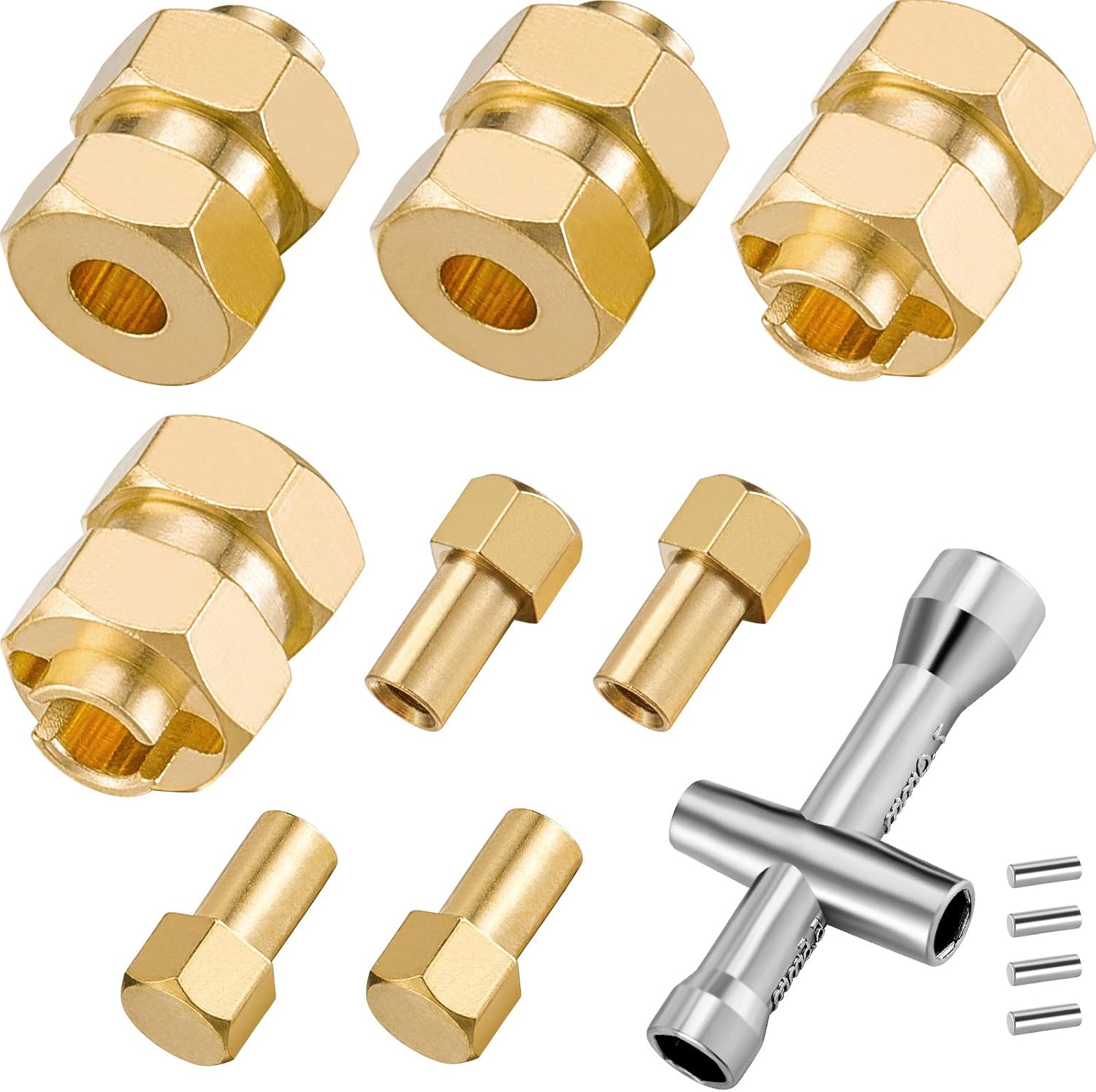 Ripeng 4 Piece 7mm Brass Extended Hex Wheel Hubs Compatible with SC x 24 Wheel Spacers RC Brass Weight Hex Hub Extended Combiner with a Cross Wrench Compatible with SC x 24 1/24 RC Crawler Car