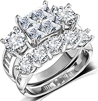 Hiyong Princess Cut Cubic Zirconia Bridal Set Rings for Women - Brilliant Engagement Wedding Bands Size 5-11