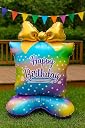 AMFIN (Pack of 1) 45 inch Self-Standing Happy Birthday Foil Balloon – Gift-Shaped Balloon with Golden Bow - Rainbow Multi gallery image
