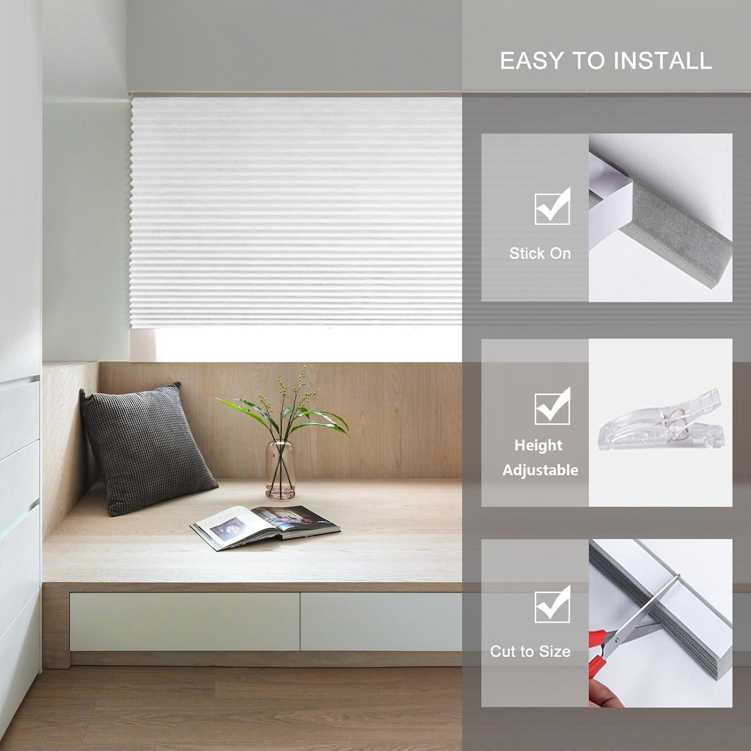 Paper Blinds Temporary Window Blinds Light Filtering No Drill Stick on Cut to Size Cordless Self Adhesive Pleated Shades for Kitchen Bathroom Windows Doors (4, White, WxH 35x59 in)