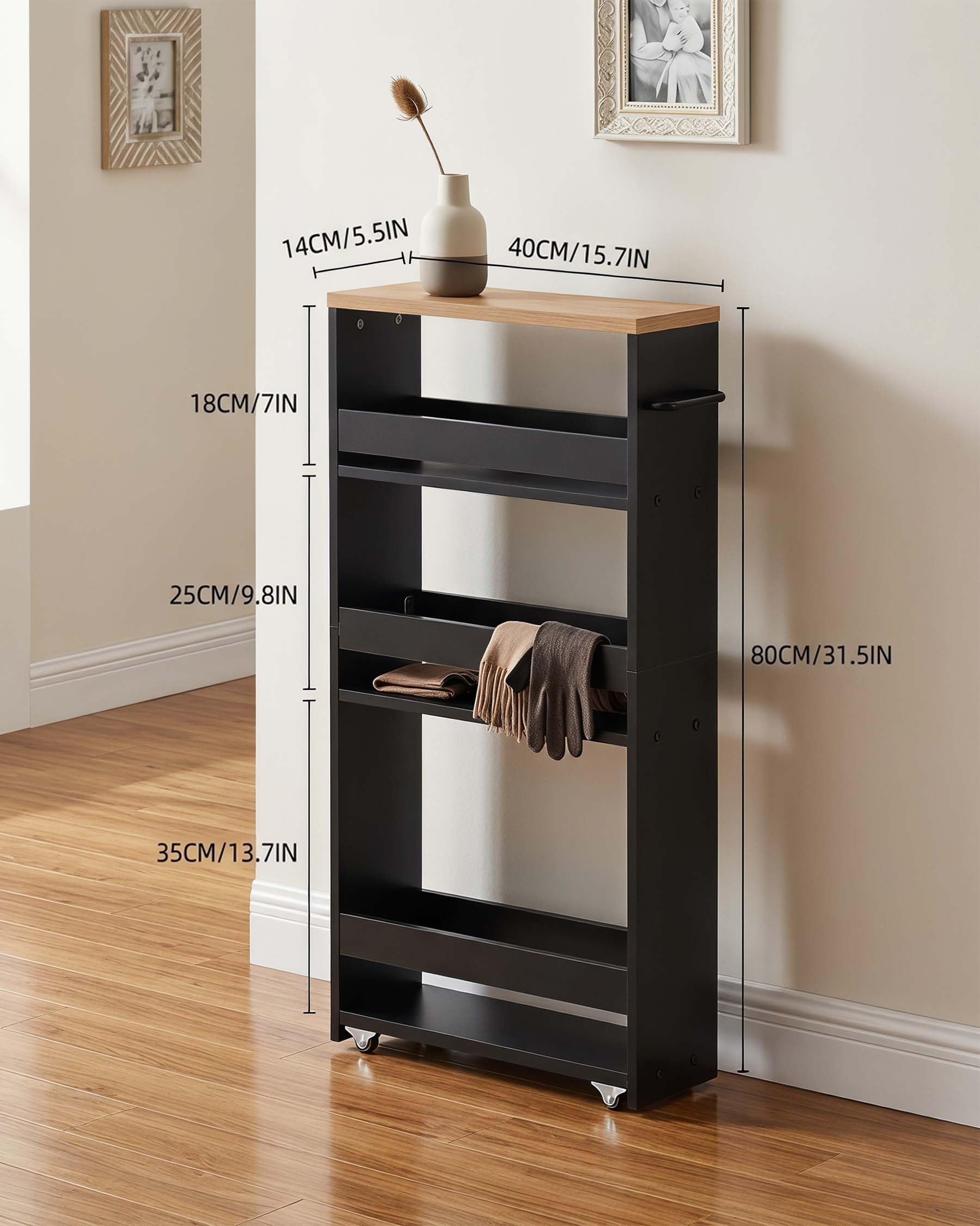 Carrito de Cocina Estrecho de 14 cm con Asa, Carrito Auxiliar con Ruedas de 4 Niveles, Carro de Almacenaje para Cocina, Salón y Despacho, Negro y Roble, 40 × 14 × 80 cm