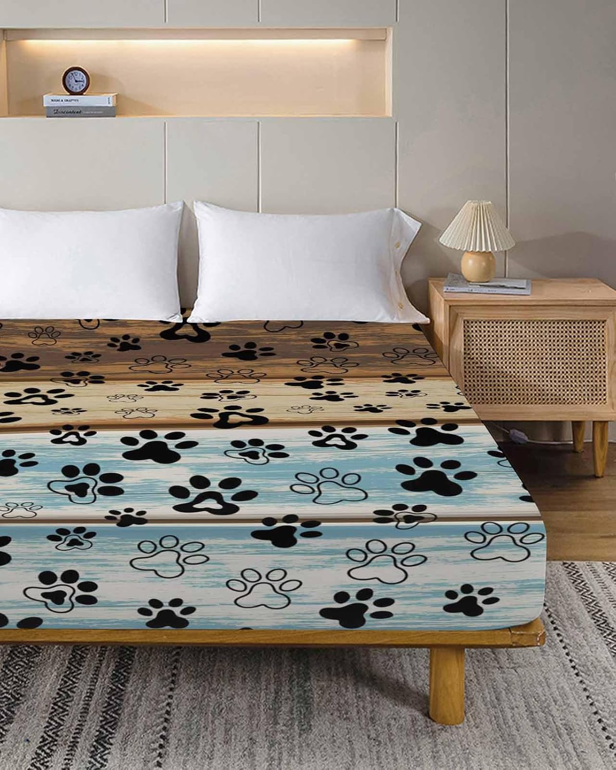 Queen Flat Sheet Top Sheet Only, Farmhouse Dog Paw Print Soft Microfiber Breathable Bed Sheets, Vintage Rustic Wood Plank Hotel Luxury Bedding Flat Sheets