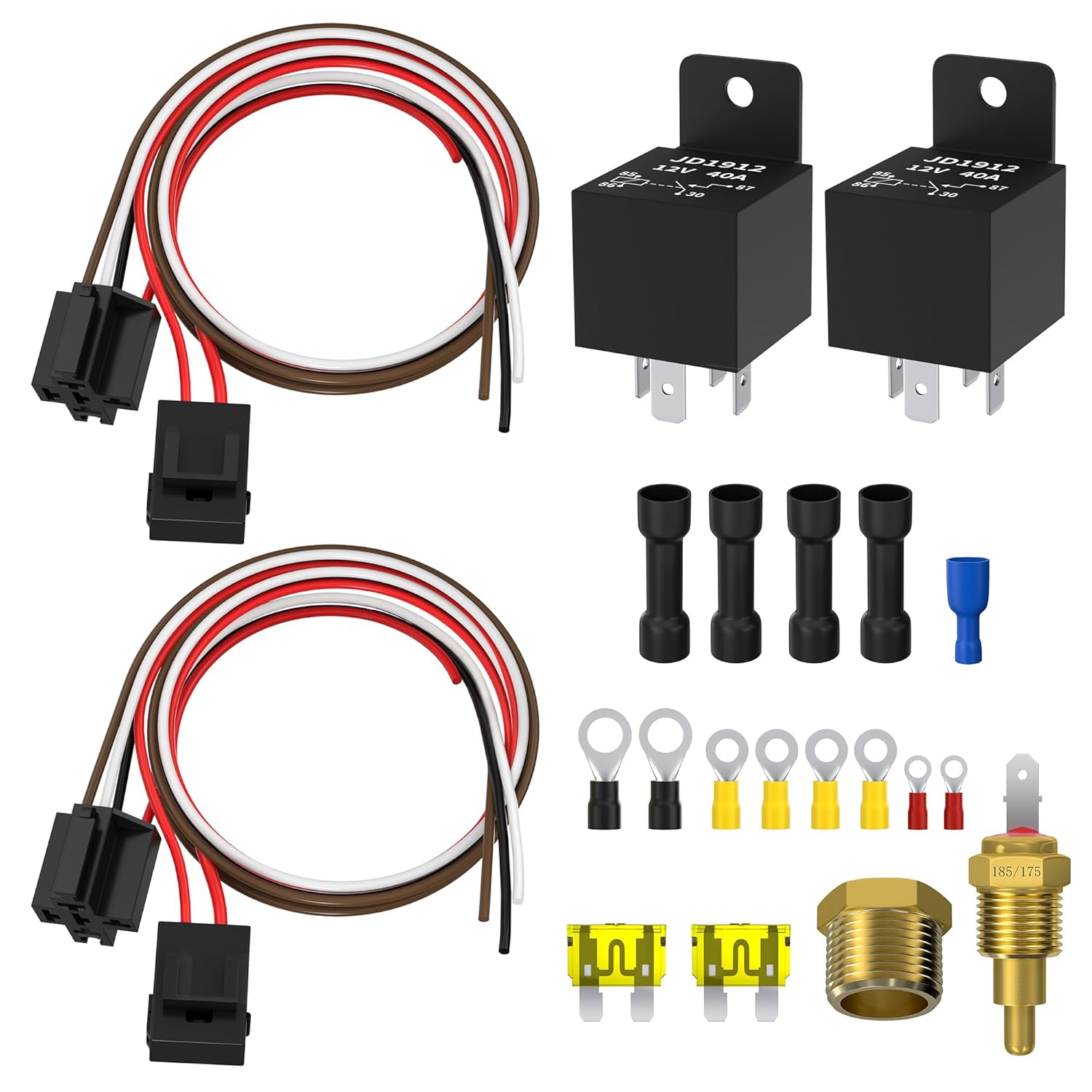 Joinfworld Dual Electric Fan Relay Kit Radiator Cooling Fan Thermostat Kit, 185°F On/175°F Off Temperature Switch, 40 AMP Waterproof Relay with Fan Mounting Kit for Car