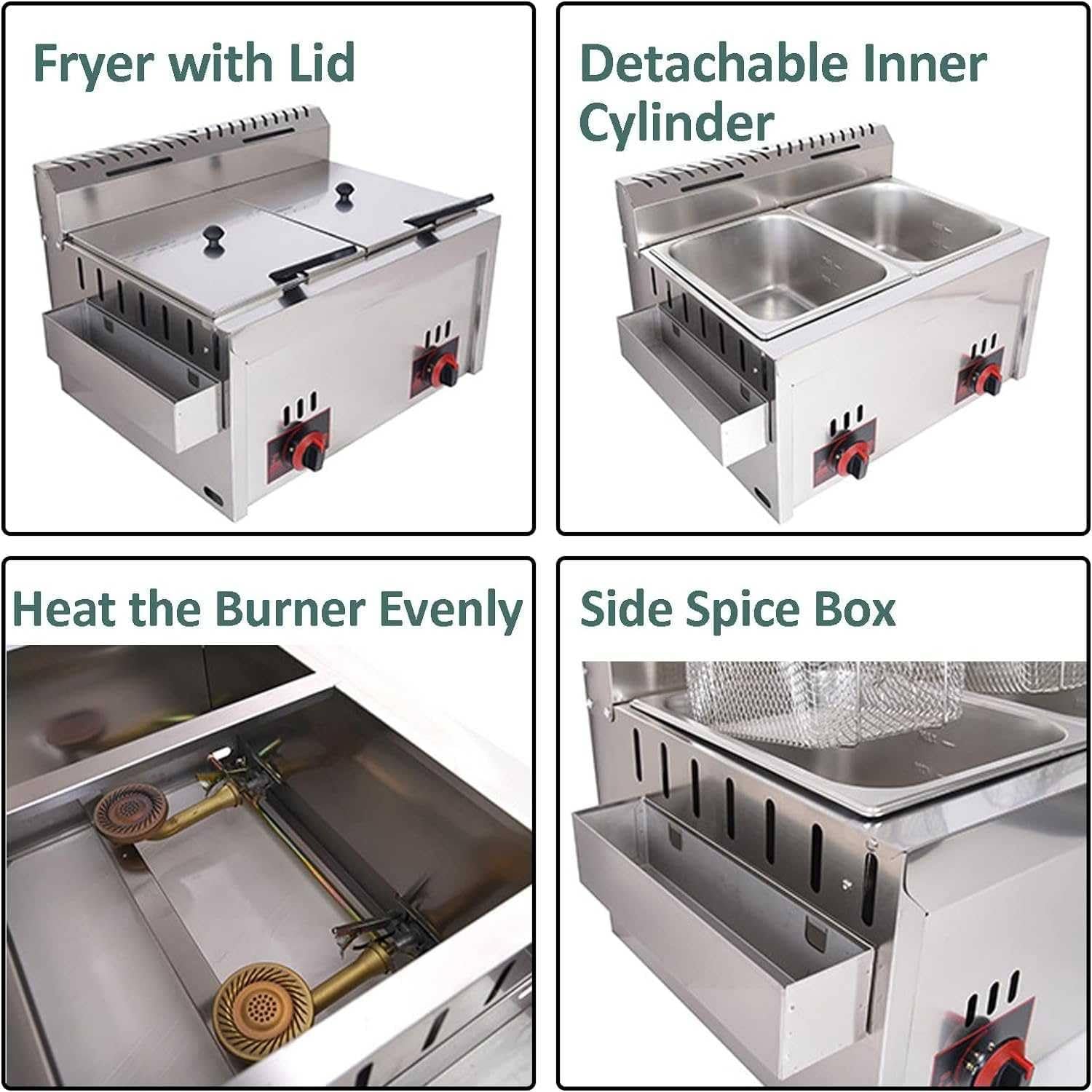 Freidora de gas, acero inoxidable, 10 L, potencia de fuego ajustable, incluye cestas y tapas, perfecta para patatas fritas y donas, adecuada para uso doméstico y comercial