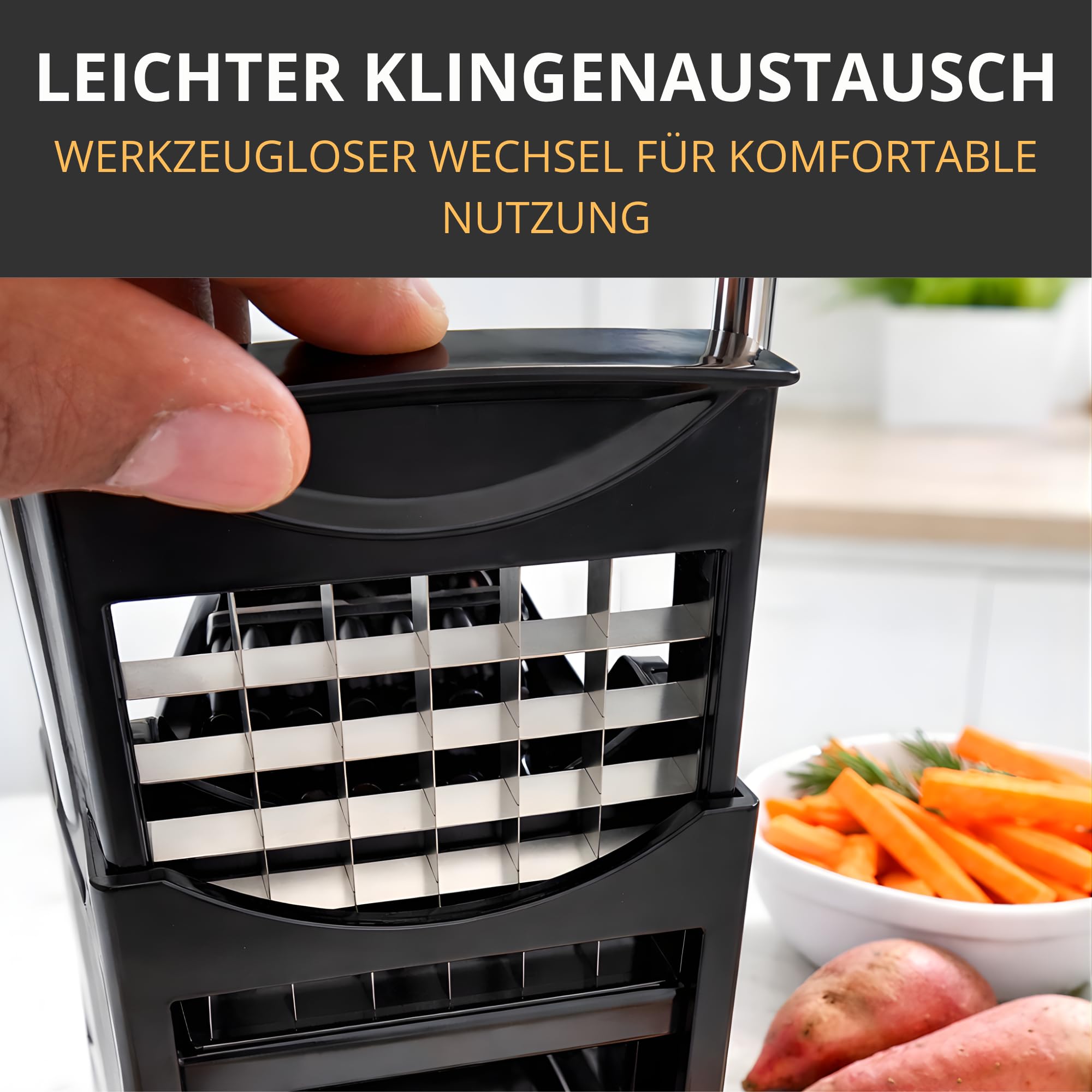 Thiru Premium Pommesschneider mit starker Schneidkraft - Note "sehr gut" - 100 Tage testen - Kartoffelschneider & Gemüseschneider für Pommes, Süßkartoffeln & Obst - mit 2 Edelstahlklingen & Saugfuß