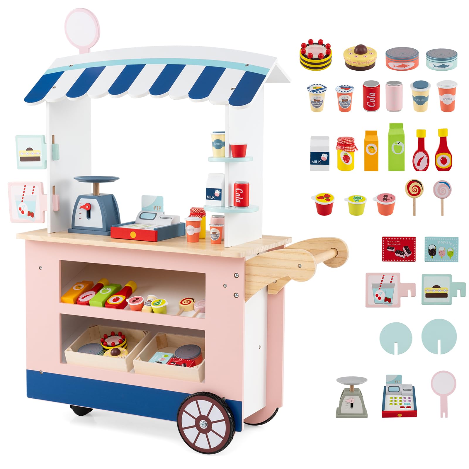 HONEY JOY Kids Food Cart, 30-Piece Toddler Pretend Play Grocery Store Playset w/Cash Register & Scale, Wooden Dessert Shop Play Market, Children