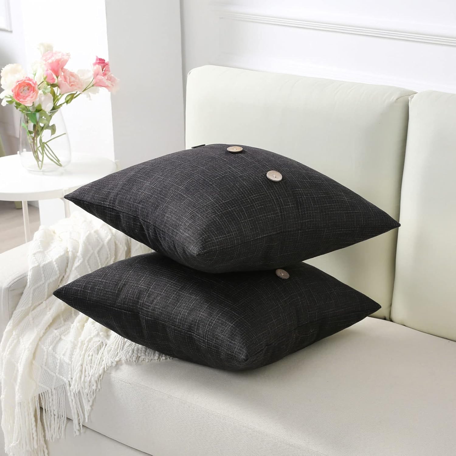 HAUSSY Black Linen Decorative Throw Pillow Covers 20x20 Inch Set of 2,Square Cushion Case with 3 Vintage Buttons,Modern Farmhouse Home Decor for Couch,Bed