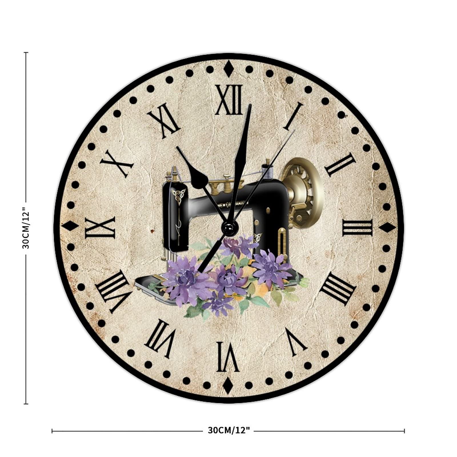 Floral Sewing Machine Clock Sewing Studio Large Wall Clock 12inch Retro Silent Non-Ticking Battery Operated Wood Print Hanging Clock for Home Living Room Craft Room Decor Bedroom