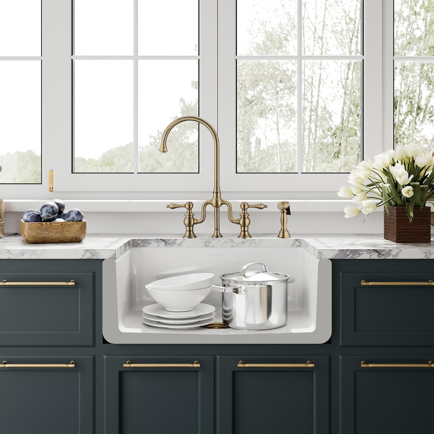 Whitehaus Collection 27" Reversible Single Bowl Fireclay Kitchen Sink with Grid: Three Edge Frame, Plain Front Apron