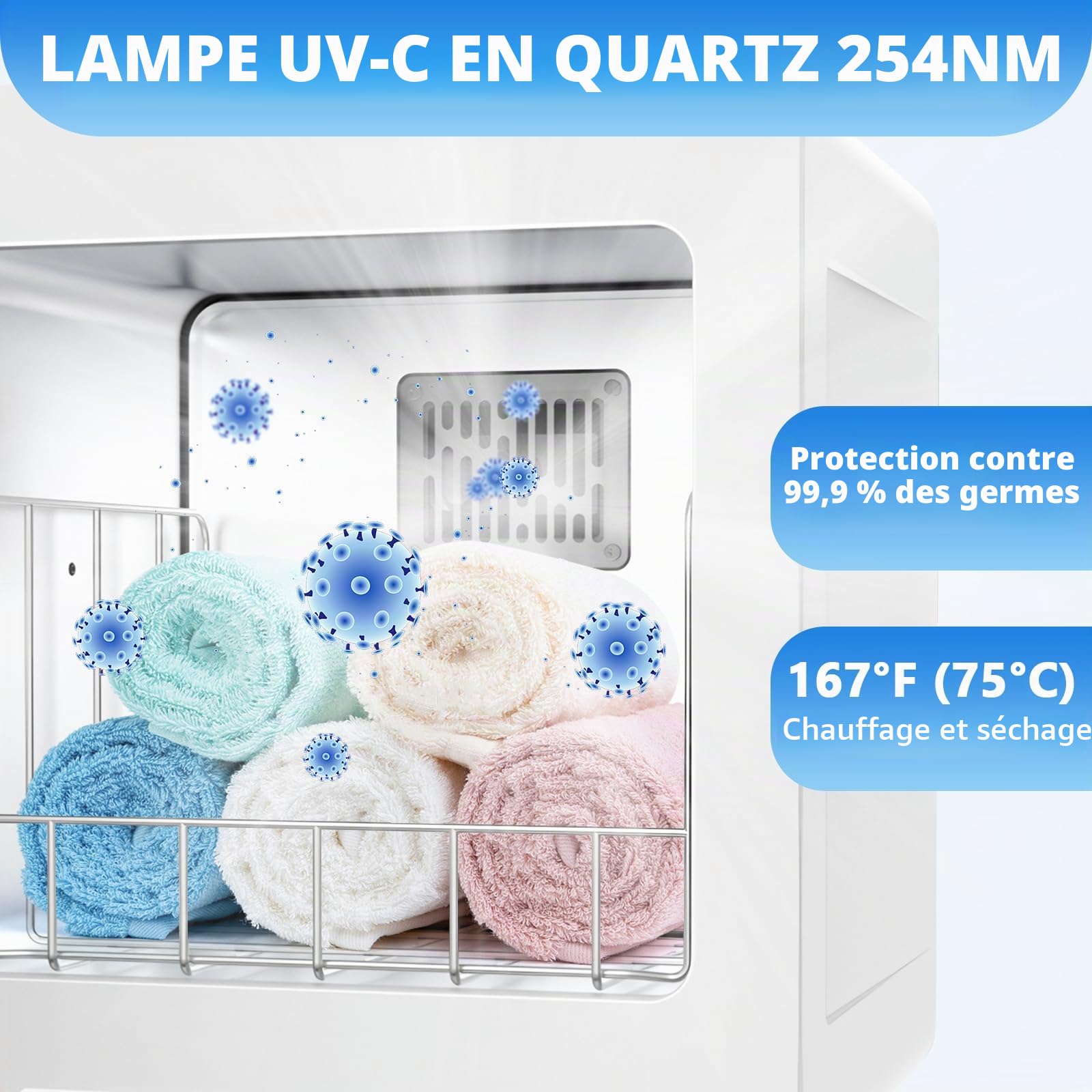Chauffe-serviettes, 8 l serviette chaude Cabinet de stérilisateur, vapeur pour serviettes avec clip de serviette plus chaud, chauffe-serviettes électrique chauffage rapide à 80 ℃ armoire à serviettes