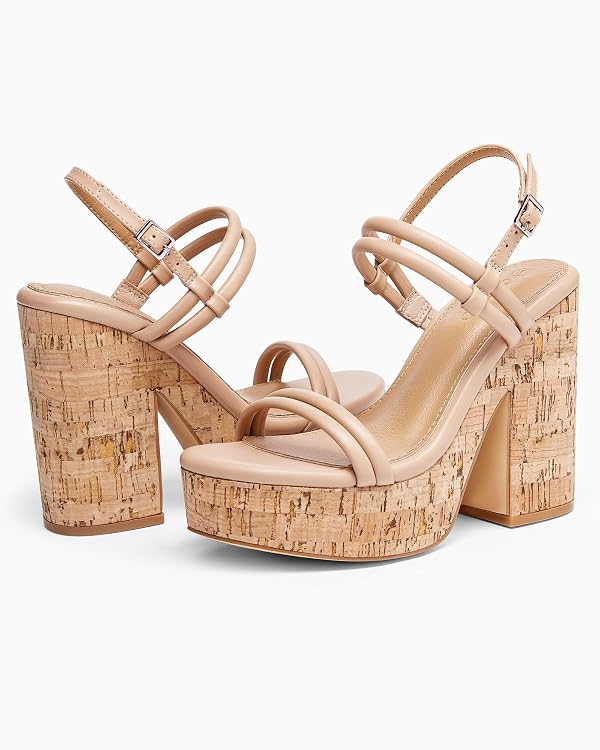 Coutgo Womens Cork Wedge Sandals Heels Open Toe High Heel Platform Slingback Ankle Strap Buckle Summer Dressy Shoes, Khaki, Size 8 by Coutgo - Used condition - Image 5