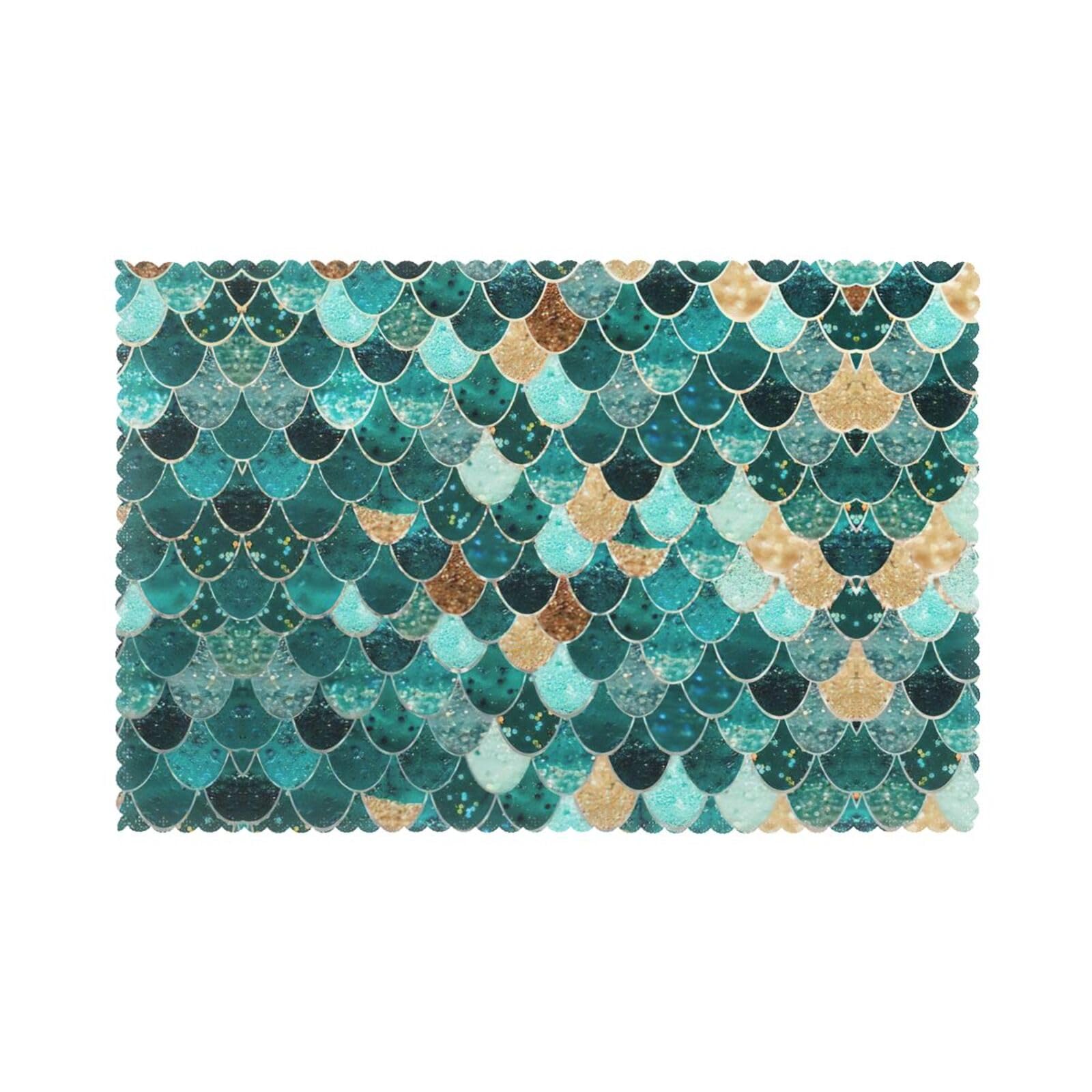 Mermaid Fish Scale Print Print Placemats Set Of 6, 12x18 Inch Polyester Washable Heat Resistant Kitchen Dining Table Mats