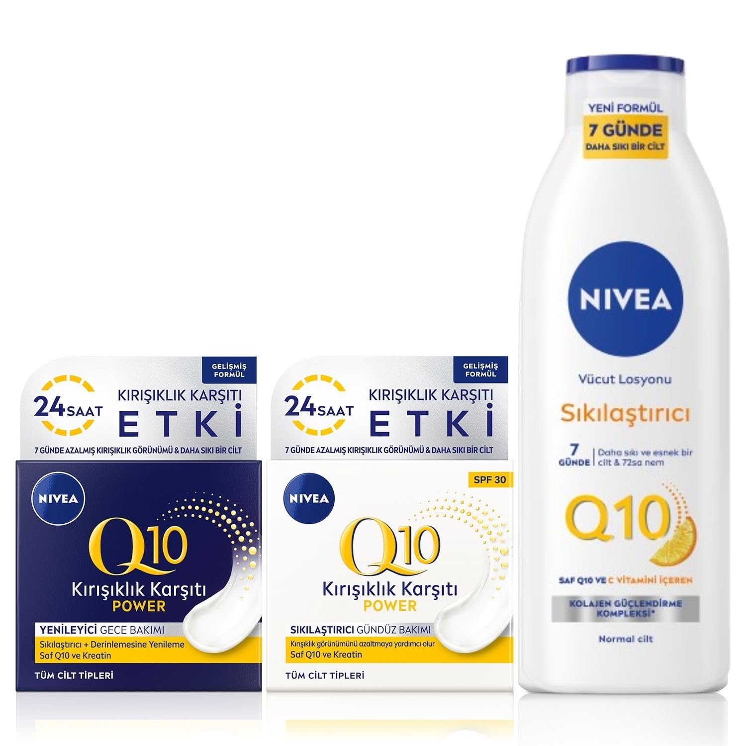 NIVEA Q10 Power Kırışıklık Karşıtı SPF 30 Gündüz Yüz Bakım Kremi 50 ml ve Q10 Kırışıklık Karşıtı Gece Bakım Kremi 50ml ve Sıkılaştırıcı Vücut Losyonu 250 ml