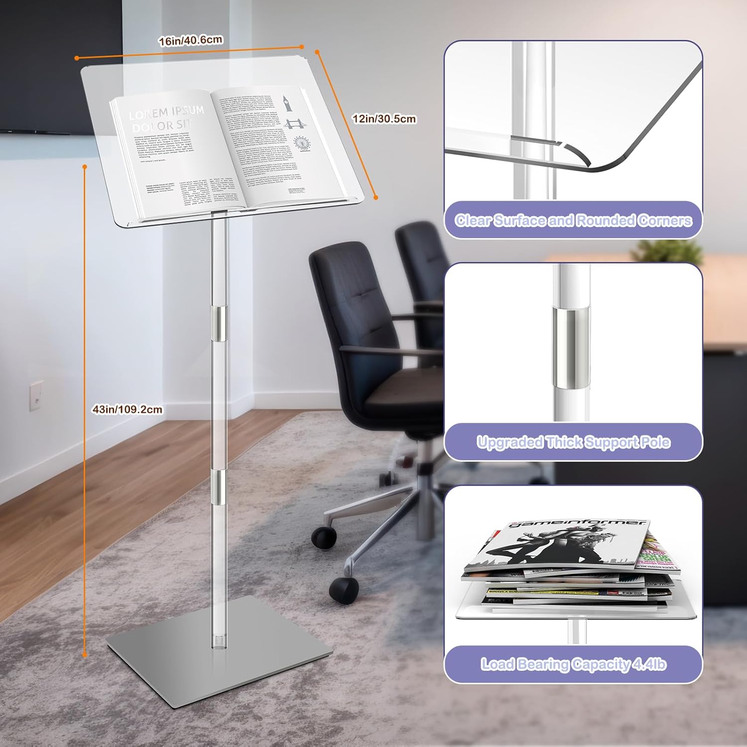 Acrylic Podium Stand, Portable Lecterns & Podiums Music Stand 180° Adjustable Angles with Metal Base for Church Classroom Wedding Concert Speech pulpitos para Iglesias 16" L x 12" W x 43" H (Clear)
