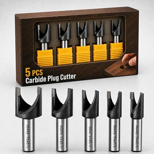 Landhoow 5 Pcs Wood Plug Cutters Set 3/4" 3/8" 1/2" 5/8" 11/32" Countersink Drill Bits for Woodworking Carbide Tipped Plug Cutter Drill Press with Protective Sleeve for Cabinet Hinge Furniture Making
