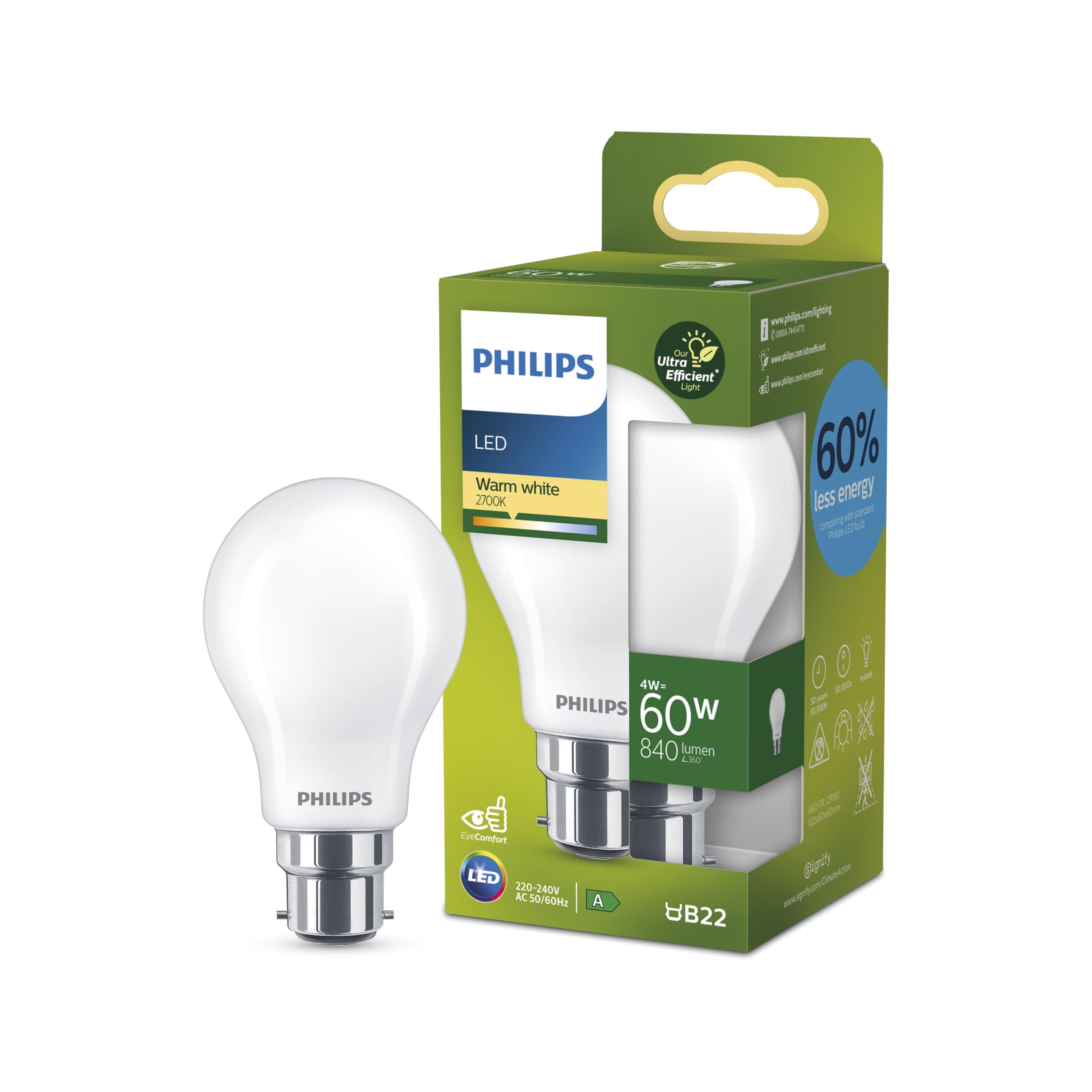 Philips Ultra Efficient - Ultra energy saving lights, LED light source, 60W, A60, B22 Warm White 2700 kelvin, frosted