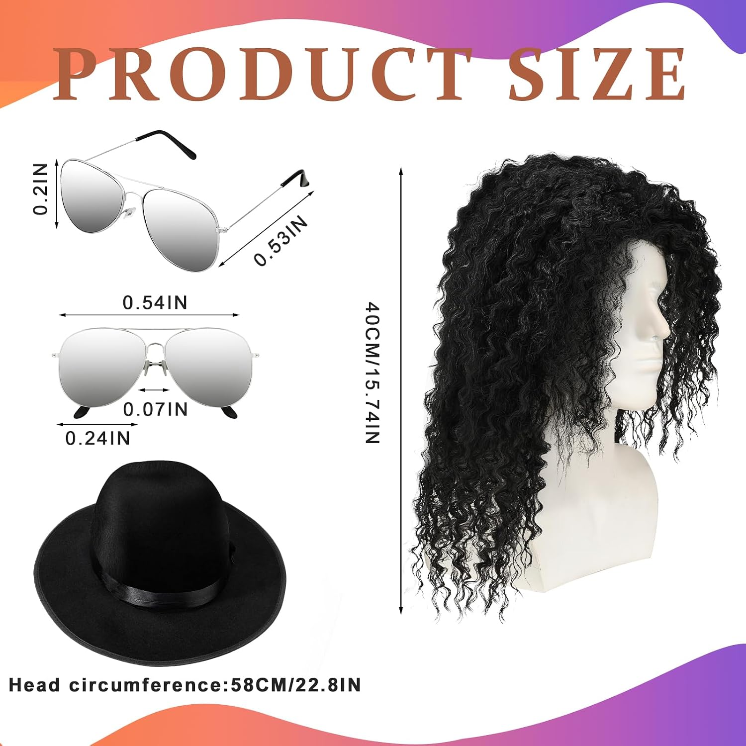 Mepase Halloween Pop Costume Include Imitation Long Natural Black Curly Ponytail Wigs Black Hat Retro Sunglasses for Boys Men Adult Party Cosplay