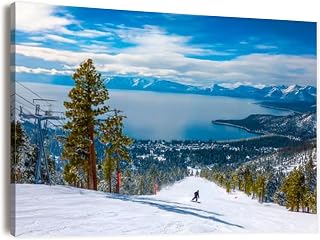 Canvas Wall Art Prints Picture Alpine skiing above Lake Tahoe California border Framed Large Size Artwork Wall Painting Home Decor for Living Room Bedroom Ready to Hang 24"x36"