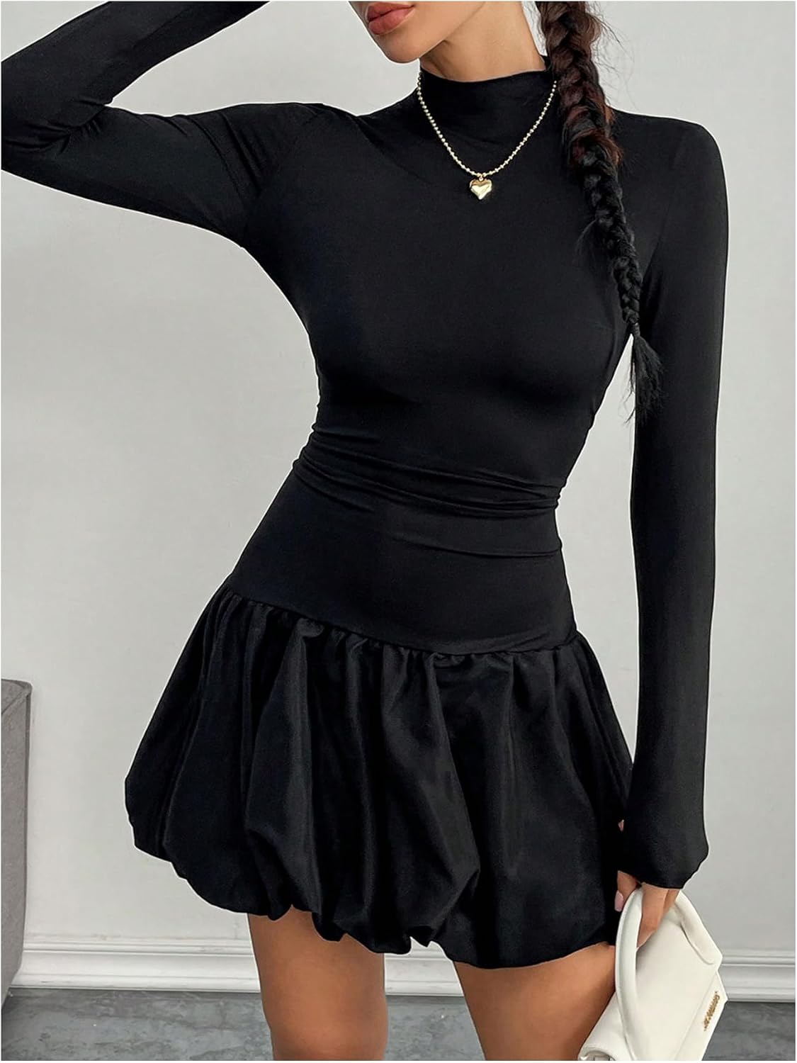 MakeMeChic Women's Mock Neck Long Sleeve Lettuce Trim Ruffle Slim Fit A Line Mini Dress - Image 3