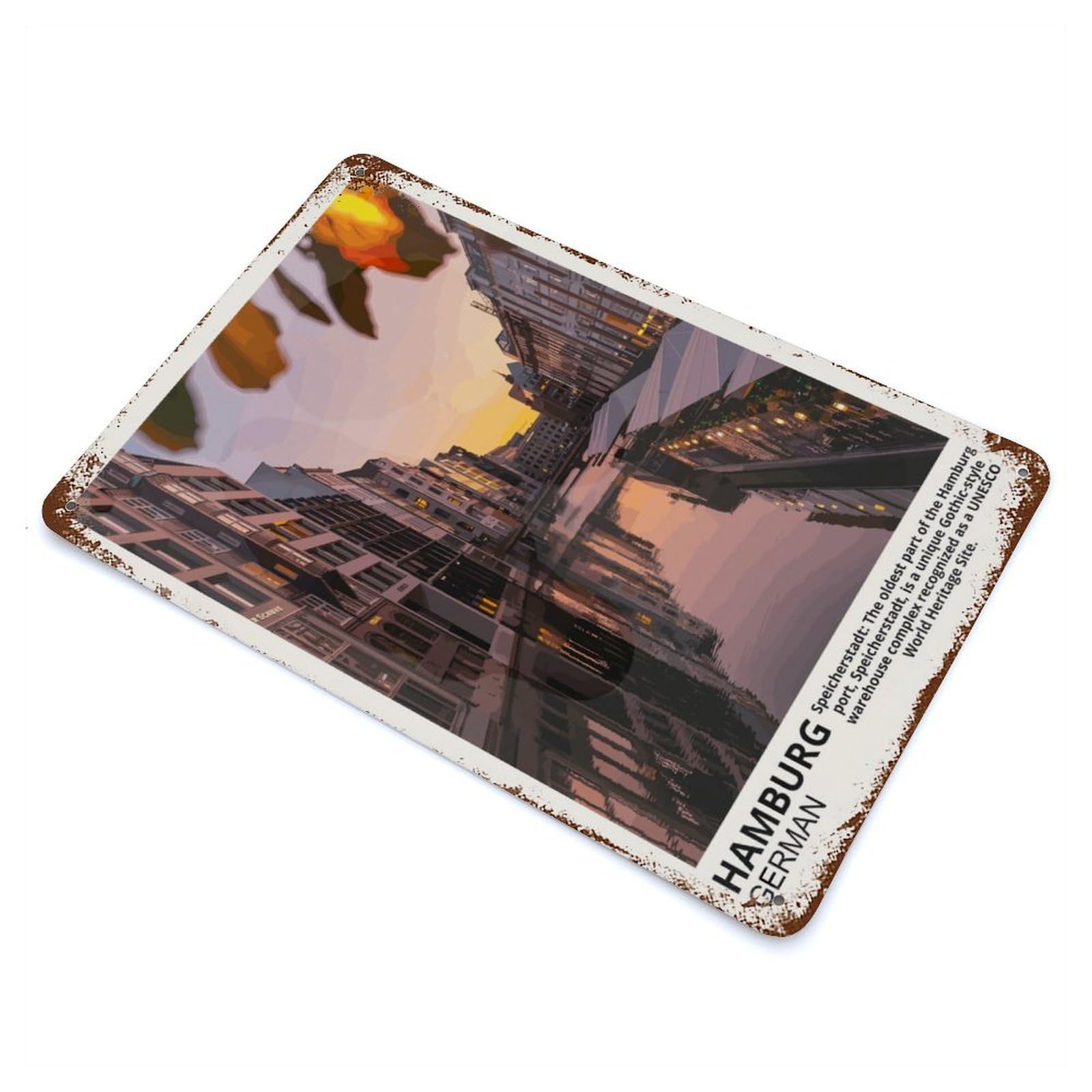 Hamburg Aged Metal Wall Plaque 11.8"x7.9", Old School Wall Decor for Garage, Bar And Workshop Decor