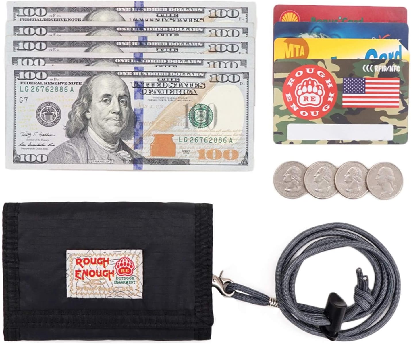 Rough Enough Kids Wallet for Boys Teens with Neck Lanyard Keychain Zipper Coin Pocket Card Holder Black Soft Nylon - Image 8