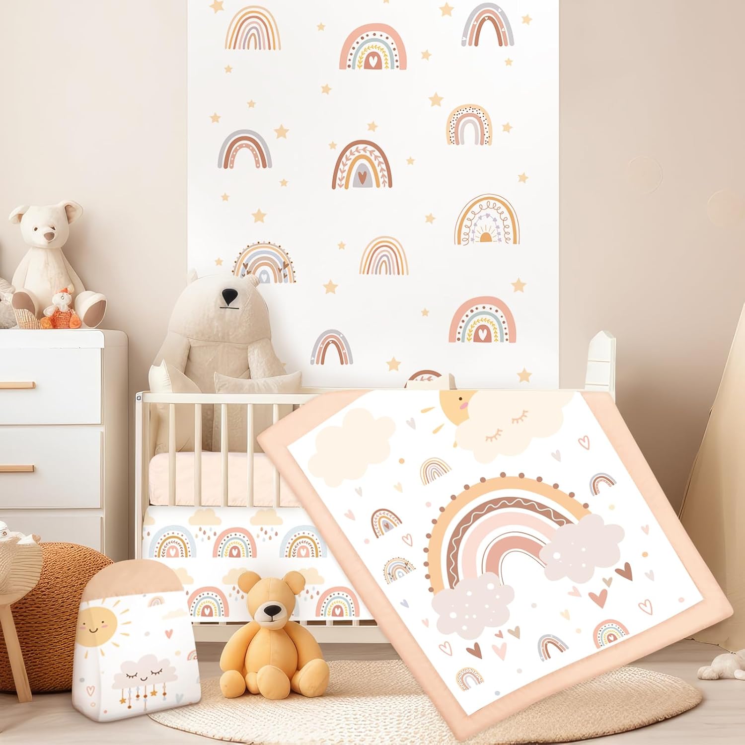Hahafelt 4 Pieces Rainbow Boho Crib Bedding Set for Girls