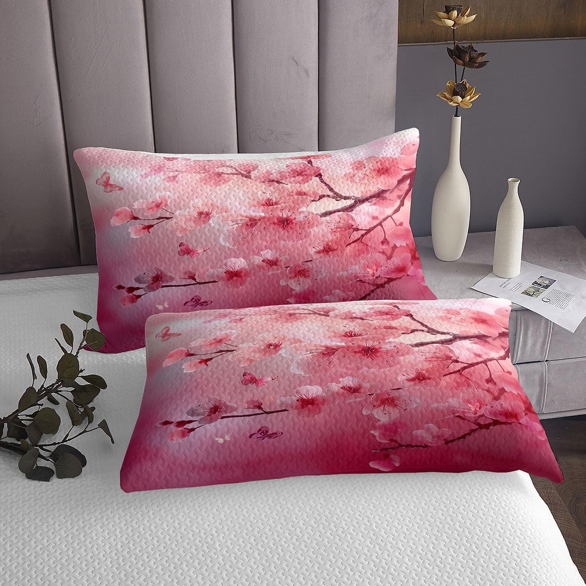 jejeloiu Pink Cherry Blossom Bedspread Quilts Japanese Style Coverlet Set Queen Size for Kids Boys Girls Japanese Ukiyoe Quilted Coverlet for All Season with 2 Pillowcases Microfiber
