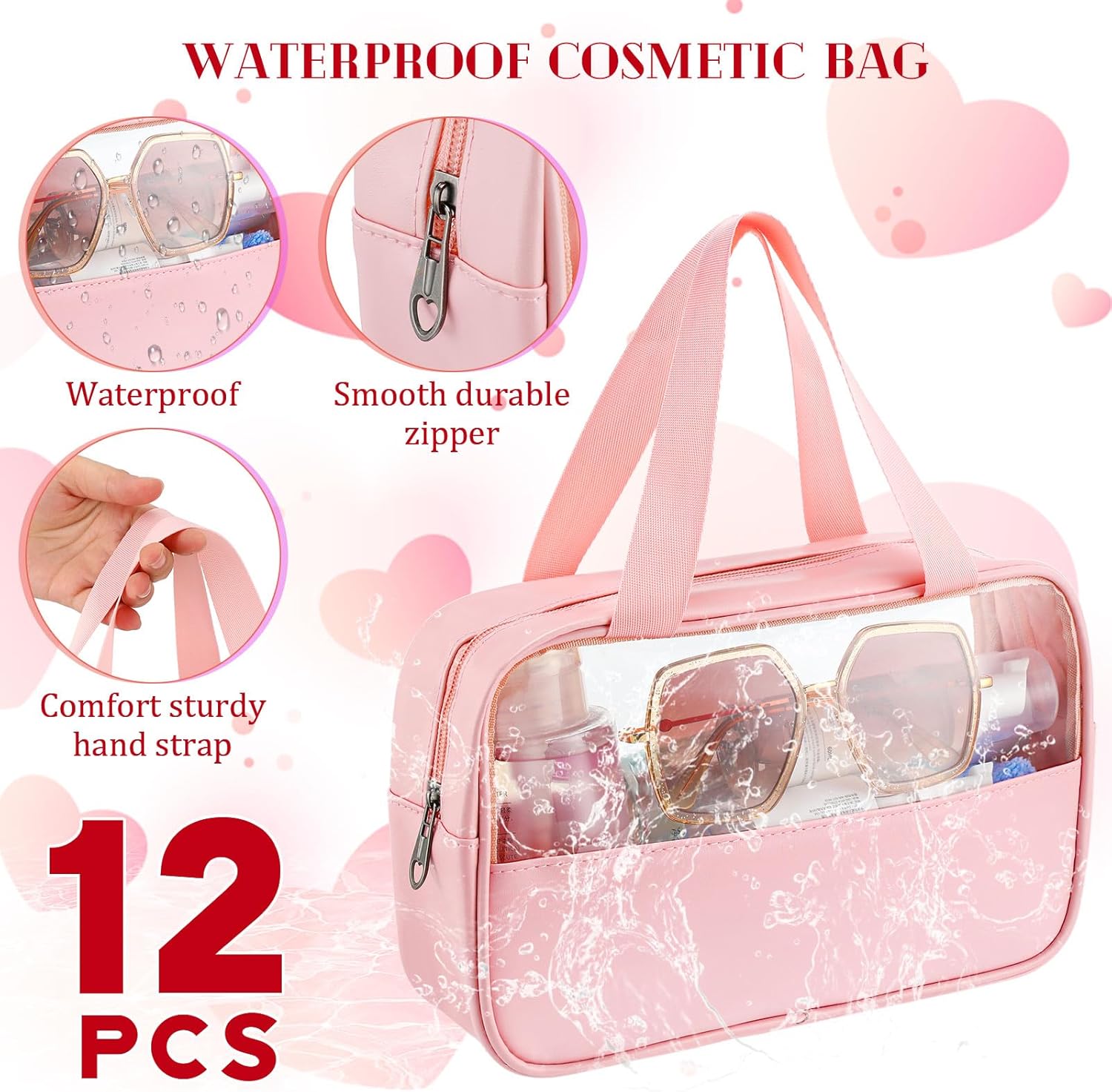 Buryeah 12 Pcs Translucent Make up Bag Toiletry Organizer for Women Men Waterproof Portable Cosmetic Travel Bag with Hanging Handles Travel Storage Carry Pouch Gifts for Bridesmaid (Pink)