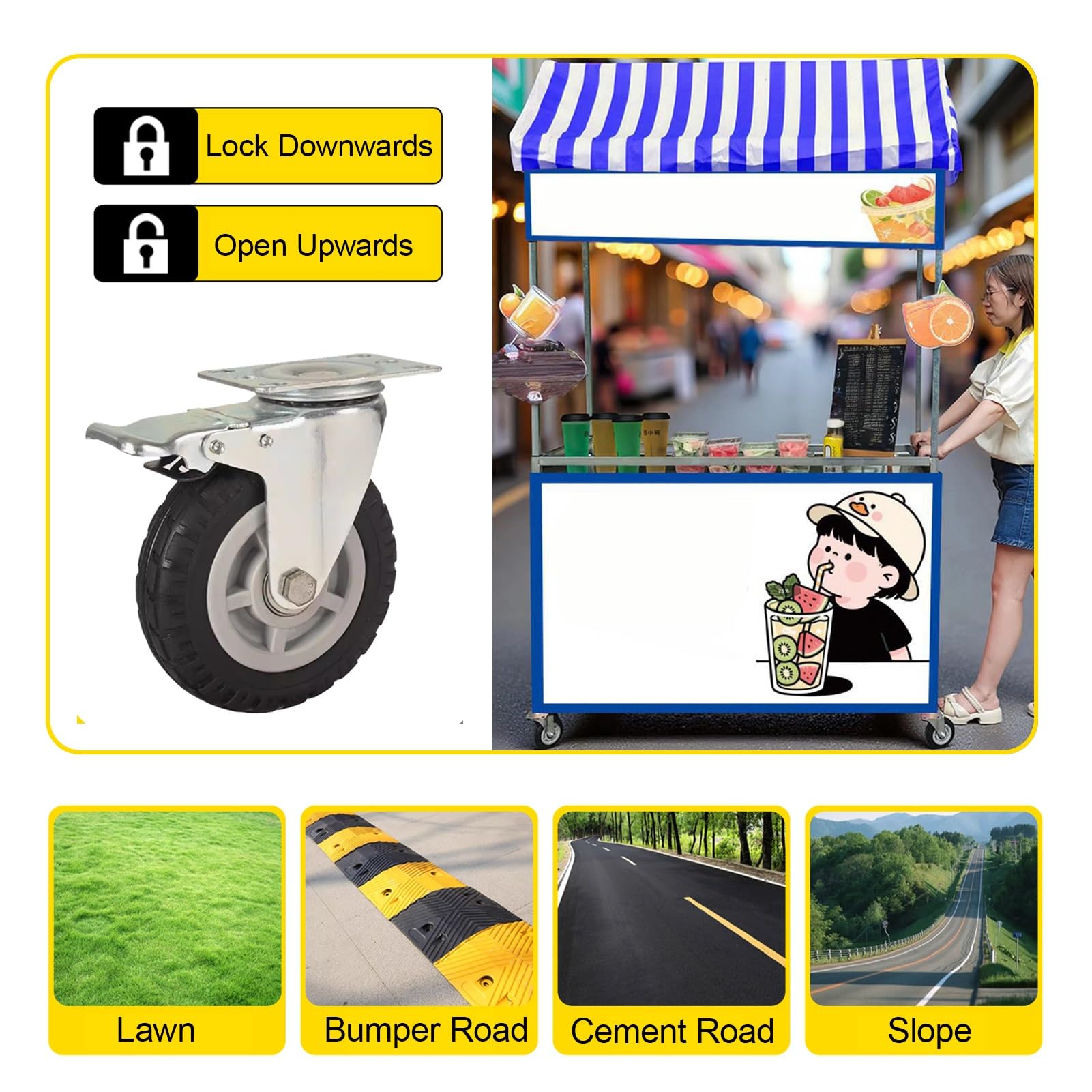 Carrito portátil para exteriores para comida callejera, eventos, mercados y festivales, puesto de comida móvil ligero y fácil de instalar