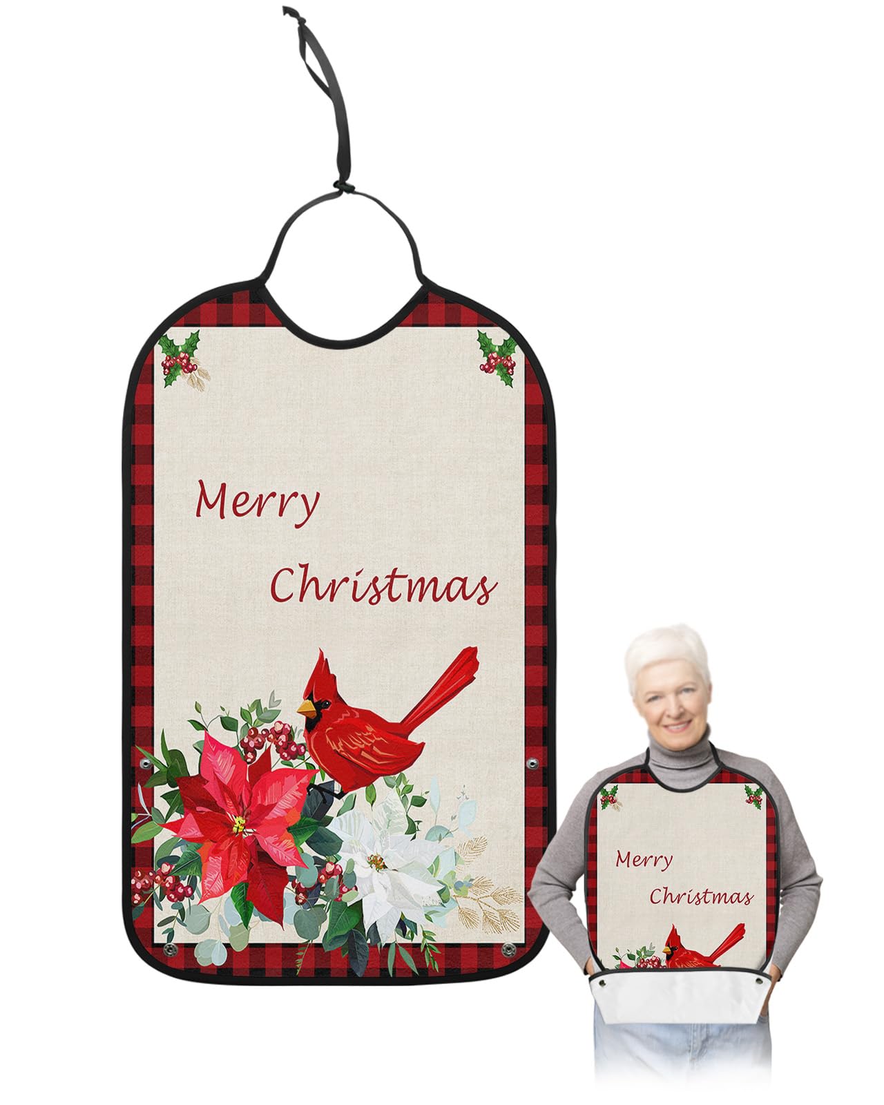LEOKOTI Christmas Bird Adult Bibs for Eating, Waterproof Bibs with Food Catcher & Adjustable Snap Closure, Black Red Checkered Poinsettia Washable Clothing Protectors Adult Bibs for Elderly Women/Men