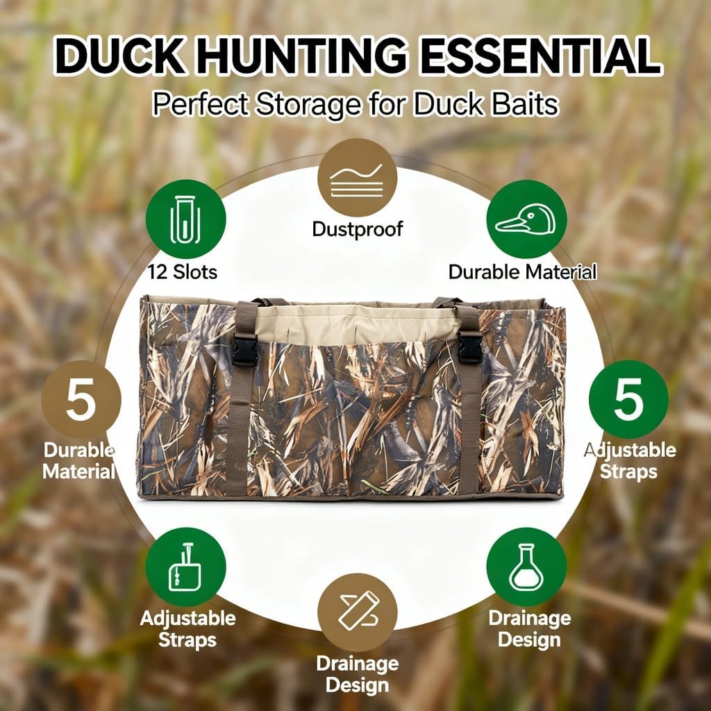 12 Slot Duck Bait Bag, 600D Fabric, Camouflage Accessory - Durable Storage with Adjustable Straps, Ideal for Duck Decoy Backpack Gear