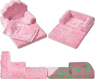 LOAOL Kids Couch, Flip Out Kids Chair with Blanket and 2 Seats, 3 in 1 Convertible Sofa Couch to Lounger, Pull Out Kids Sofa for Playroom, Glow in The Dark Foldable Toddler Couch for Girls Boys